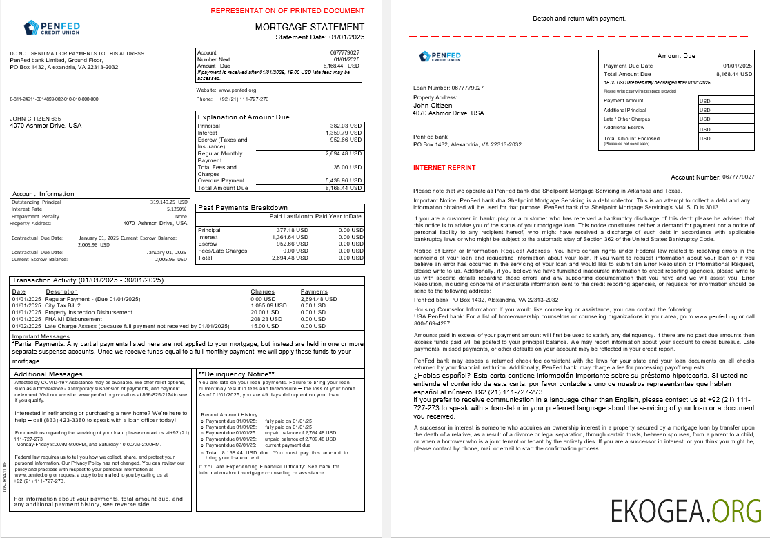 Relevé hypothécaire de la Pentagon Federal Credit Union des États , Unis aux formats Word et PDF, 3 pages template Relevé hypothécaire de la Pentagon Federal Credit Union des États , Unis aux formats Word et PDF, 3 pages template